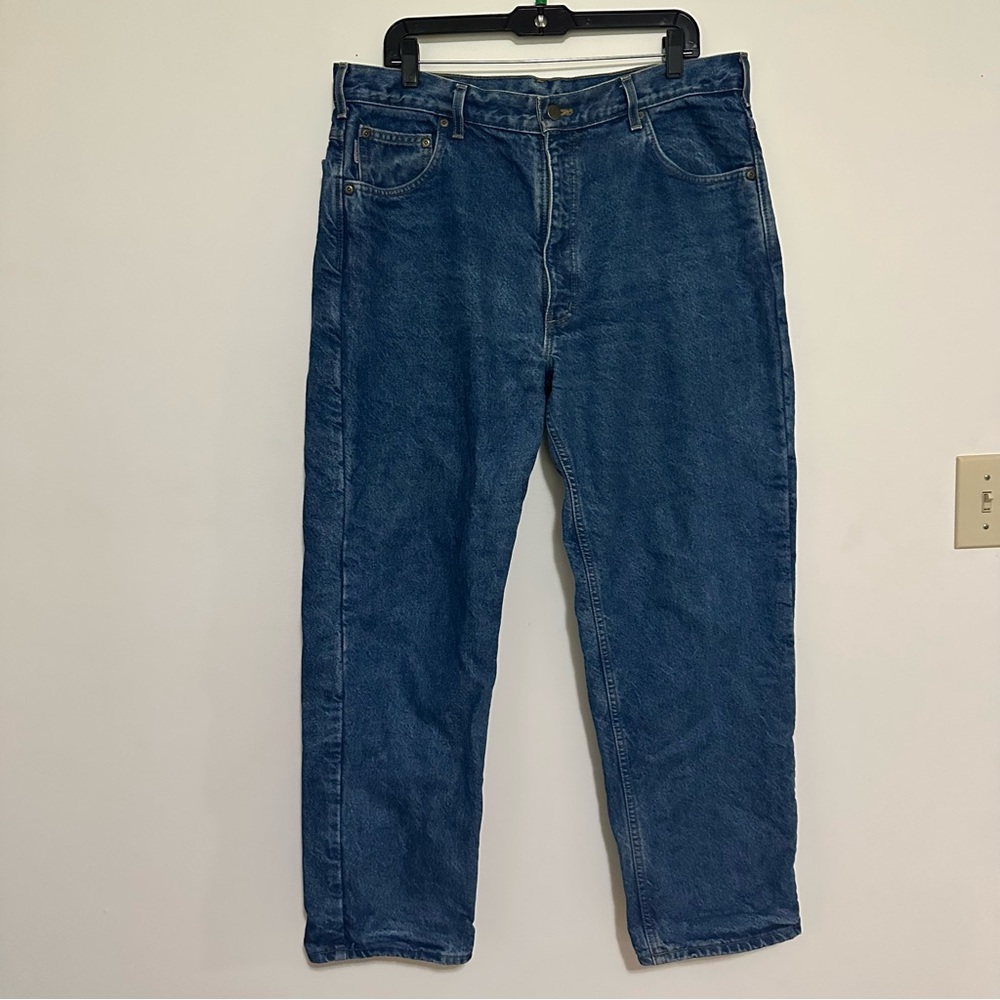 Carhartt‎ Flannel Lined Blue Jeans Mens 38x30 Regular Fit Blue Plaid Lining